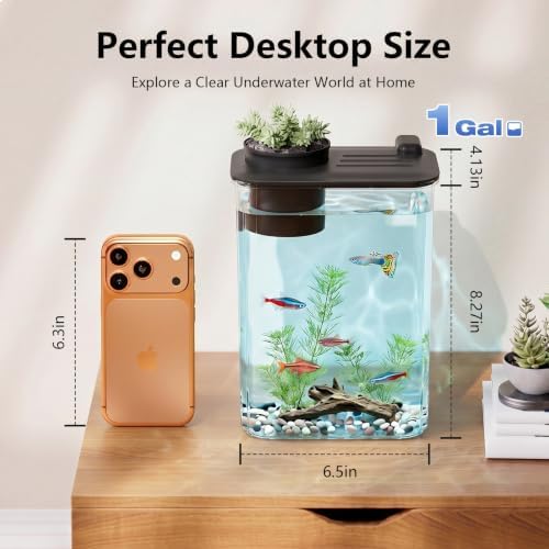 1 Gallon Betta Fish Tank Aquarium Starter Kit with Light and Lid(Black)