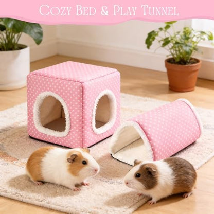 Guinea Pig Hideout, Dwarf Rabbit Bed with Play Tunnel, Washable Fleece House for Dwarf Bunnies, Chinchillas, Hedgehogs, Small Animal Cage Accessories Pink Dot
