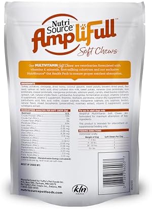 NutriSource AmpliFull Turkey Flavor Multivitamin Soft Chews for Dogs, Daily Supplement with Bovine Colostrum, Essential Vitamins & Minerals for Overall Health, 70 Chews (1 Pack)