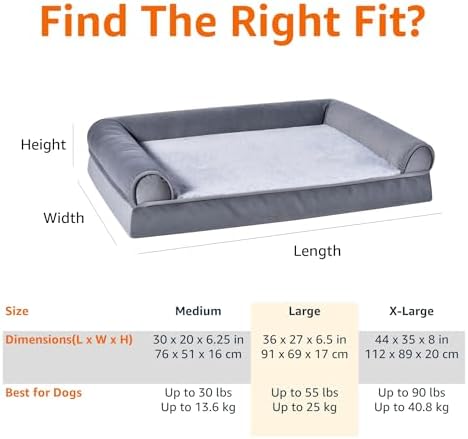 Amazon Basics Living Room Couch Dog Bed with Premium Foam, Non-Slip Bottom, Removable Washable Cover, Pressure-Relief Support for Dogs up to 55lbs, Large (36" x 27"), Grey