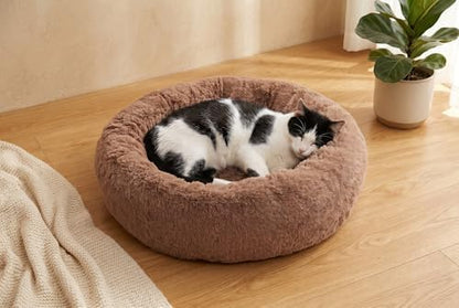 SAVFOX 20 inches Calming Donut Dog Bed - 3X Durable Plush Faux Fur, Machine Washable & Non-Slip, Fits up to 15 lbs, Brown