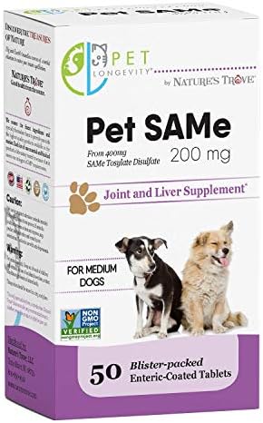 Same 200 mg Pet Supplements – Liver and Joint Support for Medium Size Dogs with Elevated Enzymes – S Adenosyl Methionine - 50 Gluten Free Enteric Coated Tablets – Non GMO Certified