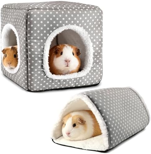 Guinea Pig Hideout, Dwarf Rabbit Bed with Play Tunnel, Washable Fleece House for Dwarf Bunnies, Chinchillas, Hedgehogs, Small Animal Cage Accessories Gray Dot