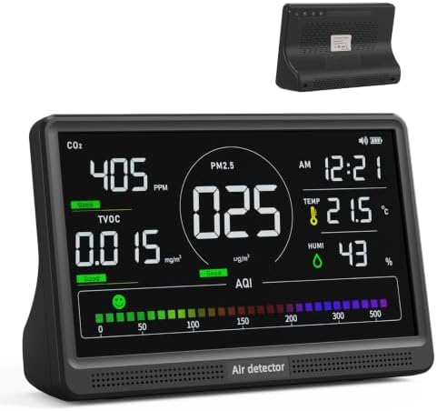 Fil-Fresh 16 in 1 Air Quality Monitor Indoor, CO2 Monitor Air Quality Tester with 9 Display+7 AQI Alerts for CO2, TVOC, HCHO, PM2.5, PM1.0, PM10, Time, Temperature, Humidity Meter, 7" Display (Black)