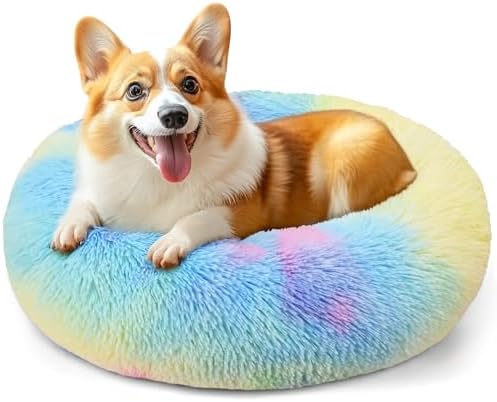 28in Large Dog Bed, Calming Donut Bed for Puppy and Kitten (Rainbow)