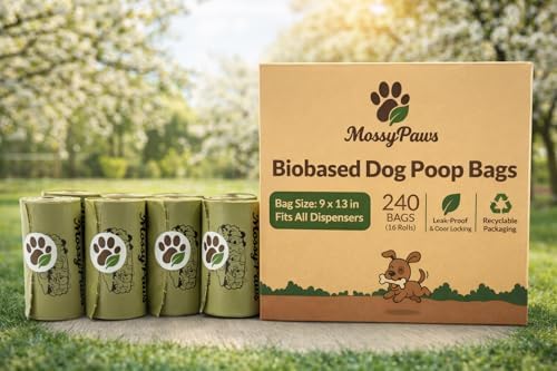 MossyPaws Biobased Dog Poop Bags – 240 Count (16 Rolls) – Plant-Based, Leak-Proof, Durable – Eco-Friendly Pet Waste Bags with Recyclable Packaging – 9x13 Inch – Fits All Dispensers