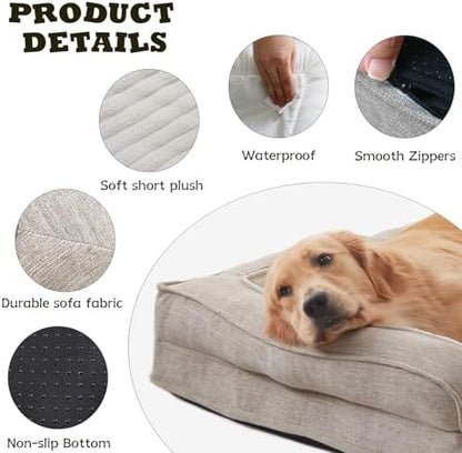 WINDRACING Orthopedic Dog Beds for Medium Dogs, Waterproof Egg Foam Dog Sofa Bed with L Bolster Sides, Washable Medium Pet Bed with Removable Cover & Non-Slip Bottom, 36 x 23 inch, Beige