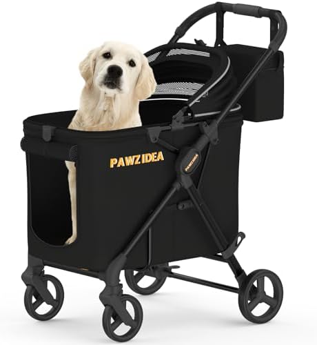 PAWZIDEA Dog Stroller for Large Dogs, No-Zip 180° Canopy, One-Hand Foldable