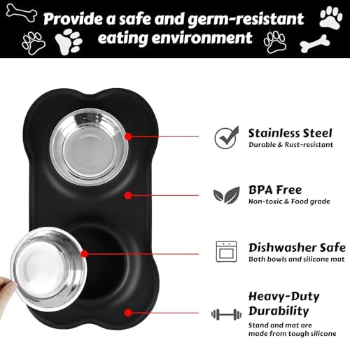 AsFrost Dog Food Bowls Stainless Steel Dog Bowls, Dog Food and Water Bowl Set with No Spill Non-Skid Silicone Mat, Dog Dishes for Small Medium Large Sized Dogs Pet Cat Food Bowls, 6 Cup, Black
