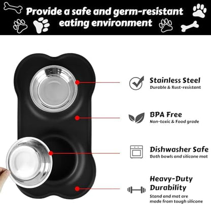 AsFrost Dog Food Bowls Stainless Steel Dog Bowls, Dog Food and Water Bowl Set with No Spill Non-Skid Silicone Mat, Dog Dishes for Small Medium Large Sized Dogs Pet Cat Food Bowls, 6 Cup, Black
