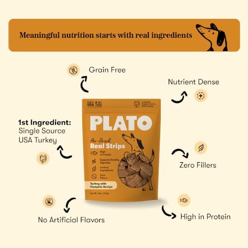 Plato Real Strips Turkey & Pumpkin Recipe Dog Treats, Air-Dried High-Protein Grain-Free Soft Strips with Real Pumpkin, 18 oz
