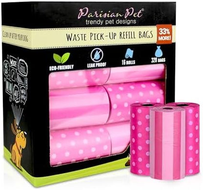 Parisian Pet Ecofriendly Dog Poop Bags Rolls - 320 Count Unscented Poop Bags For Dogs - Leakproof, Extra Thick, 16 Dog Waste Bags Refill Rolls - Stripes Dots Pink Doggie Poop Bags