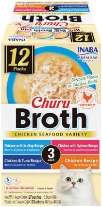 INABA Churu Broth for Cats, Side Dish Pouch, 1.4 Ounces per Pouch, 12 Pouches, Chicken & Seafood Variety