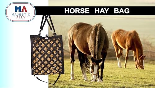 Majestic Ally Premium Nylon Hay Bag for Horses and Livestock, Simulates Grazing, Slow Feeding, Heavy-Duty PP Webbing,Quick-Adjust Straps, Small Hole for Digestion, Multiple Colors (Black)
