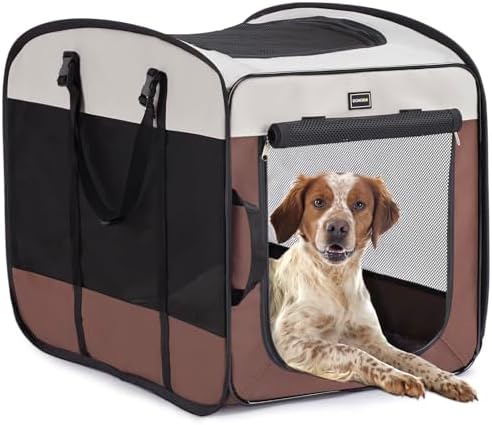 DONORO Dog Kennels and Crates for Medium Dogs, Portable Pop Up Indoor Pet Cage with Sturdy Wire Frame, Collapsible Travel Crate Soft Sided Cat Bag Escape Proof (Brown, 36.0" L x 23.0" W x 28.0" H)