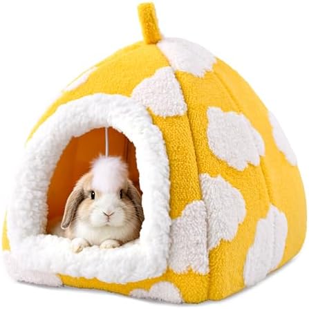 Guinea Pig Hideout Cave Cute Yellow Cloud Warm Fleece Bed for Small Animals Enclosed Bunny Tent Hut with Hanging Toy Washable Pet House for Dwarf Rabbit Chinchilla Ferret (Yellow)