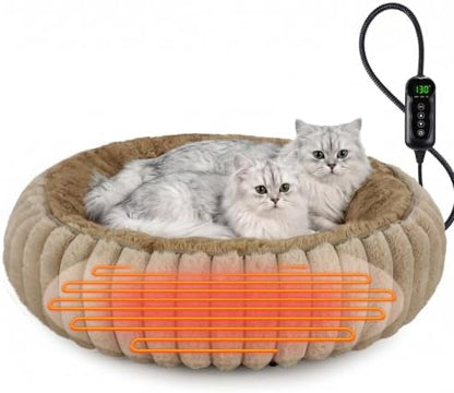 INVENHO Heated Cat Beds for Indoor Cats and Small Dogs, 24" Cozy Donut Heated Pet Bed with Timer & Temp Adjustable, Removable Waterproof Electric Warming Bed for Indoor Cat