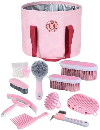 Harrison Howard Horse Grooming Kit 9 Piece with Tote, Non-Slip Silicone Grip Brush Set for Horses, Shedding Bathing Daily Care, Beginner Friendly Pink