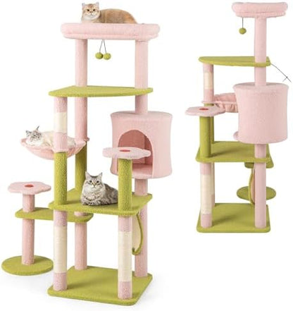 PETSITE 58-inch Flower Cat Tree, Multi-Level Cat Tower with Sisal Scratching Posts and Board, Cat Condo, Side Basket, and Dangling Balls, Cute Pink Cat Tree Tower for Indoor Cats