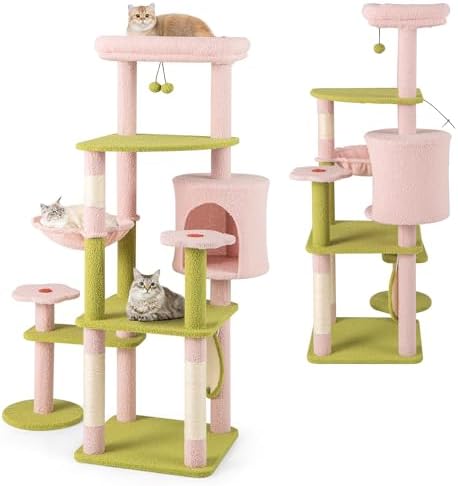 PETSITE 58-inch Flower Cat Tree, Multi-Level Cat Tower with Sisal Scratching Posts and Board, Cat Condo, Side Basket, and Dangling Balls, Cute Pink Cat Tree Tower for Indoor Cats