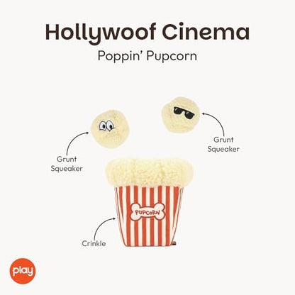 P.L.A.Y. Cute Plush Dog Toys - Hollywoof Cinema, Movie Themed Durable Squeaker Chew Toy, Great for Puppies & Small, Medium, Large Dog Breeds - Machine Washable, Recycled Materials (Poppin' Pupcorn)