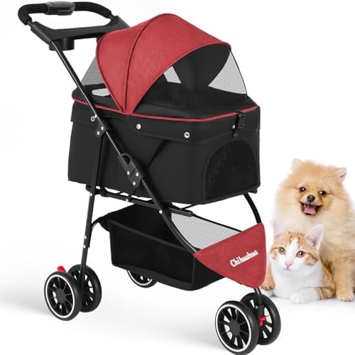 Pet Stroller,Dog Stroller for Small Medium Dogs Cats,3 Wheels,Red+Black