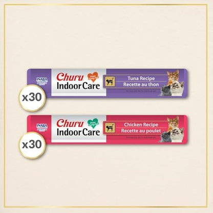 INABA Churu Indoor Care for Hairball Control, Functional Lickable Cat Treat with Taurine & Green Tea Extract, 0.5oz Each, 60 Tubes Total, Tuna & Chicken Variety