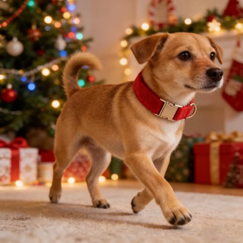 Soft Corduroy Fibric Dog Collar with High Grade Metal Buckle, for Small Dogs.(Red,Small:10-15")
