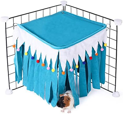 Guinea Pig Hideout - Guinea Pig Corner Hideout, Four-Sided Fringes, Square Top and Washable Hides, Ideal Hides for Small Pets, No Metal Fences, Blue