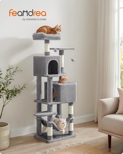Feandrea Cat Tree, 59.5-Inch Tall Cat Tower, Multi-Level Condo, Light Gray