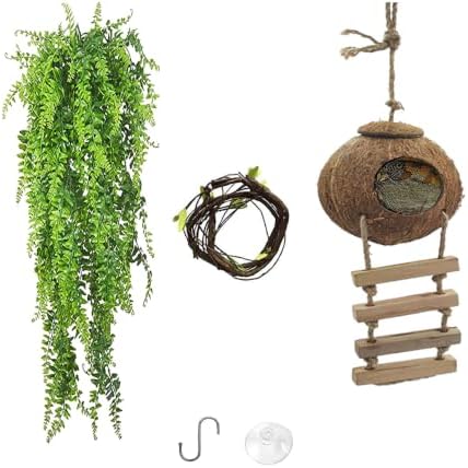 Crested Gecko Coconut Hide with Ladder,Reptile Natural Coco Shell Ladders Geckos Hideout Hut Lizards Hermit Habitat Leopard Gecko Terrarium Plant Accessories for Chameleon Snakes