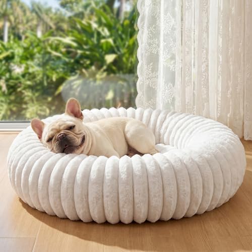 Donut Dog Bed for Small & Medium Dogs, Pet Bed with Non-Slip Bottom, Winter Comfort Dog Beds for Puppies, Washable & Portable Egg Tart Shape (M) Medium Dog Bed self Warming