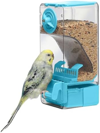 Automatic Bird Feeder, Bird Cage Feeder with Perch for Parakeet Canary Cockatiel Finch (Blue)