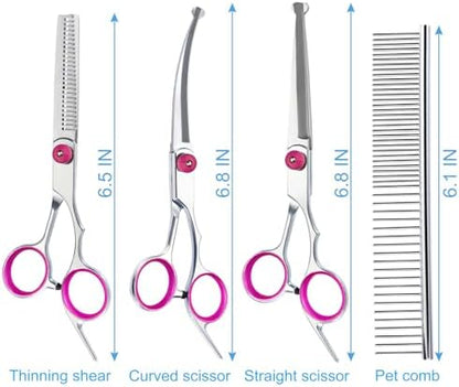5 in 1 Premium Dog Grooming Scissors, Professional Dog Scissors for Grooming with Safety Round Tips, Lengnoyp Stainless Steel Thinning Shears, Pet Cat Shears for Grooming Kit, Pink
