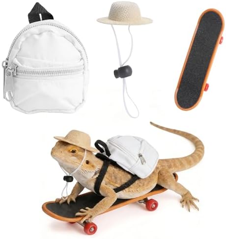 Bearded Dragon Clothes Lizard Toy - Mini hat,Skateboard,Backpack Gifts for Reptiles Pet - Cute Bearded Dragon Costume Accessories for Lizard Iguana Reptiles Small Animals (White)