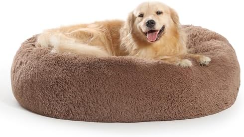 SAVFOX 36 inches Calming Donut Dog Bed - 3X Durable Plush Faux Fur, Machine Washable & Non-Slip, Fits up to 100 lbs, Brown