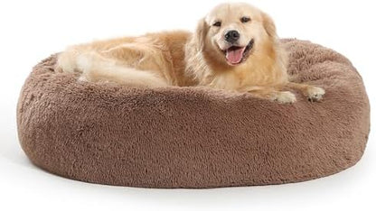 SAVFOX 36 inches Calming Donut Dog Bed - 3X Durable Plush Faux Fur, Machine Washable & Non-Slip, Fits up to 100 lbs, Brown