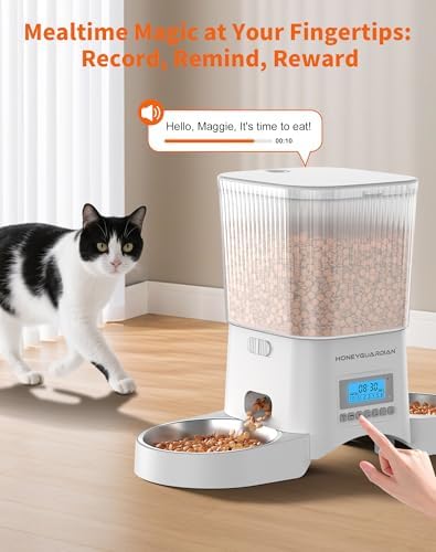 HoneyGuaridan Automatic Cat Feeder for 2 Cats,Automatic Cat Food Dispenser,Timed Pet Feeder for Cats and Dogs,Desiccant Bag, Programmable Portion Control,10s Voice Recorder