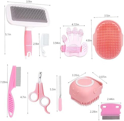 9PCS Small Animal Grooming Kit, Cleaning Brush Removes Loose Hair, Pet Bath Brush,Shampoo Brush, Nail Clipper, Flea Comb For Rabbit, Puppy, Kitten, Guinea Pig (9PCS-Pink)