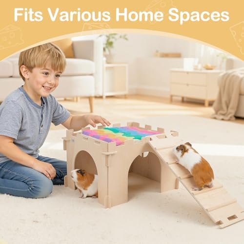 Unicorn Catcher 1 Pack Wooden Guinea Pig Hideout House with Stairs & Mats