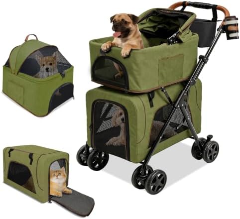 Double Pet Stroller, Foldable Dog Stroller with Detachable Carriers