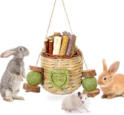 Jorewood Rabbit Chew Toys,Natural Hanging Basket with Sweet Bamboo,Timothy Hay,Peach Sticks for Bunny Chinchillas Guinea Pigs Hamsters Rats Teeth Grinding