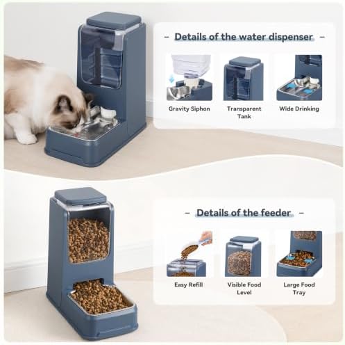 2 Pack Automatic Cat Feeder Stainless Steel Gravity Food and Water Dispenser for Small Medium Kitten Puppy Pets (Blue)