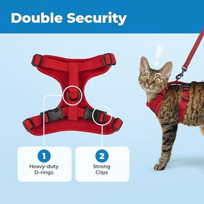 Voyager Escape-Proof Step-in Lock Cat Harness & 5ft Neoprene-Handle Leash Set All-Weather Mesh with Reflective Stitching for Small to Large Cats by Best Pet Supplies, Red (327), S