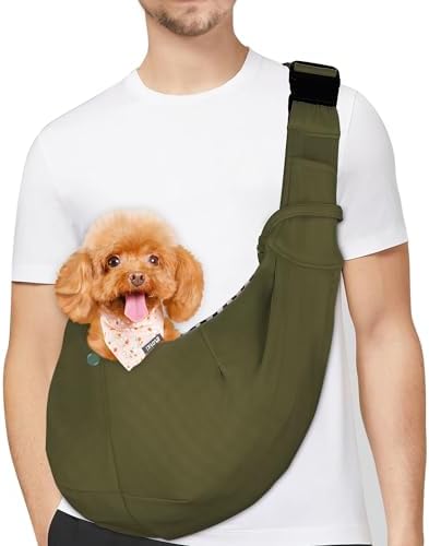 PETLOFT Reversible Dog Cat Sling Carrier, Small Dog Carrier, Adjustable Dog Sling, Hands Free Cross Body Carrier with Collar Hook for Dog/Cat/Bunny up to 11lb (Army Green)