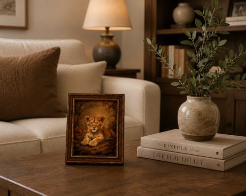 Framed Vintage Style Wall Art Cute Lion Cub In A Rustic Forest Setting Canvas Print Poster Farmhouse Style Artwork Suitable For Bedroom Or Living Room 8x10 Inches Ready To Hang Or Display On A Tabletop