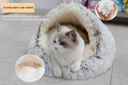 ZaneSun Calming Round Dog Beds &Cat Cave Bed with Hooded Cover,Plush Fluffy Dog Bed Anti-Anxiety Cat Cave Bed,Waterproof Bottom Washable (Coffee, 25.6X 25.6inch)