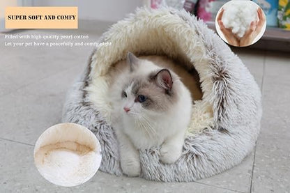 ZaneSun Calming Round Dog Beds &Cat Cave Bed with Hooded Cover,Plush Fluffy Dog Bed Anti-Anxiety Cat Cave Bed,Waterproof Bottom Washable (Coffee, 25.6X 25.6inch)