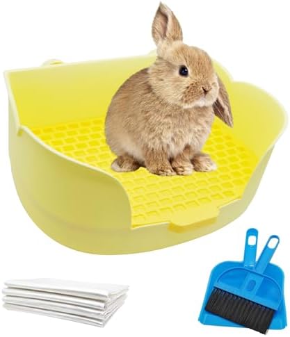 PINVNBY Rabbit Cage Litter Box,Plastic Bunny Litter Pan Detachable Rabbits Corner Potty Training Bedding Boxes with Grate for Guinea Pig Chinchilla Hedgehog Ferret(Yellow)