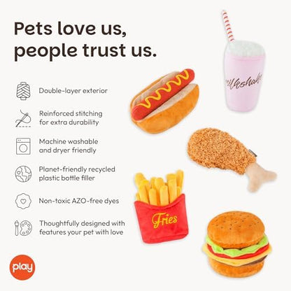 P.L.A.Y. Cute Plush Dog Toys - Fast Food Themed Durable Giggle Chew Toy, Great for Puppies & Small, Medium, Large Dog - Machine Washable, Recycled Materials (American Classic 5 Piece Set, Medium)